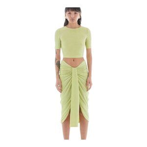 LBV. Lurex Jersey Sarong Ruched Midi Skirt in Sparkly Green Y2K Party Women's 2